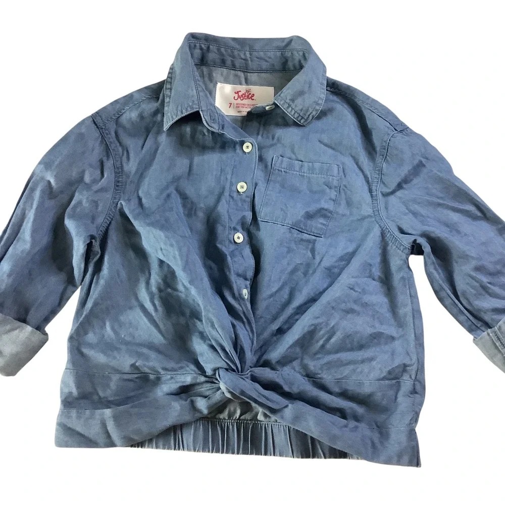 Justice Button Down Shirt Girls 7 Blue Chambray Tie Front Casual School